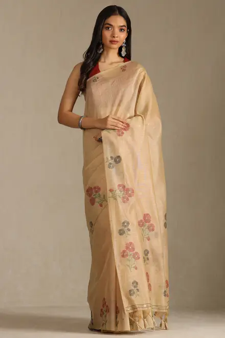 Beige Chanderi Floral Print Saree